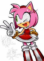 Size: 1489x2048 | Tagged: safe, artist:_uomee, amy rose, 2025, amybetes, blushing, cute, dialogue, hand on hip, heart, implied sonic, looking offscreen, mouth open, simple background, smile, solo, standing, v sign, white background