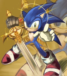 Size: 1824x2048 | Tagged: safe, artist:tanylovbest_ct, sonic the hedgehog, sonic and the black knight, 2025, abstract background, echo background, frown, holding something, looking at viewer, posing, solo