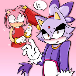 Size: 1378x1378 | Tagged: safe, artist:tropicalfox, amy rose, blaze the cat, 2025, amy x blaze, blushing, dialogue, duo, english text, frown, gradient background, holding something, lesbian, looking at them, looking at viewer, piko piko hammer, shipping, speech bubble, sweatdrop