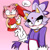 Size: 1378x1378 | Tagged: safe, artist:tropicalfox, amy rose, blaze the cat, cat, hedgehog, 2025, amy x blaze, blushing, dialogue, dress, duo, english text, frown, gradient background, hammer, holding something, lesbian, looking at them, looking at viewer, piko piko hammer, shipping, speech bubble, sweatdrop