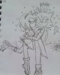 Size: 1640x2048 | Tagged: safe, artist:sticks-stones-sonic-insanity, amy rose, blaze the cat, 2025, amy x blaze, duo, eyes closed, heart, holding each other, kiss on cheek, lesbian, lidded eyes, line art, looking away, looking offscreen, monochrome, pencilwork, shipping, sparkles, standing, traditional media