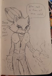 Size: 1398x2048 | Tagged: safe, artist:stripysockxx, blaze the cat, 2025, coat, dialogue, english text, fire, fire hand, lidded eyes, line art, looking offscreen, monochrome, mouth open, pencilwork, solo, speech bubble, standing, traditional media