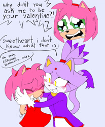 Size: 1692x2048 | Tagged: safe, artist:cherrycro, amy rose, blaze the cat, 2025, amy x blaze, amybetes, blazebetes, blushing, crying, cute, dialogue, duo, english text, faic, flat colors, holding them, lesbian, purple background, shipping, simple background, smile, standing, valentine's day