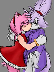 Size: 768x1024 | Tagged: safe, artist:maggotrhymezw, amy rose, blaze the cat, 2025, amy x blaze, blushing, duo, eyes closed, grey background, holding them, kiss, lesbian, shipping, simple background, standing