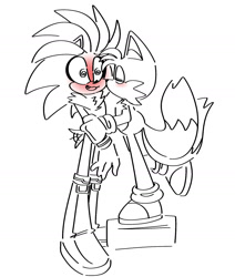 Size: 1573x1854 | Tagged: safe, artist:ilovetails, artist:insaneaboutthislittlefox, miles "tails" prower, silver the hedgehog, 2025, blushing, cute, duo, eyes closed, gay, hand on arm, height difference, kiss on cheek, line art, monochrome, mouth open, shipping, silvabetes, silvails, simple background, smile, standing, swirly eyes, tailabetes, wagging tail, white background