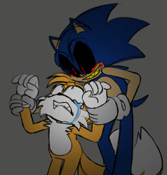 Size: 1256x1322 | Tagged: safe, artist:ilovetails, artist:insaneaboutthislittlefox, miles "tails" prower, sonic the hedgehog, oc, oc:sonic.exe, 2025, black sclera, bleeding, bleeding from eyes, blood, crying, duo, forced, frown, gay, holding arm, holding them, looking at each other, scared, sharp teeth, shipping, smile, sonic x tails, sonic.exe x tails, standing, tears, tears of fear