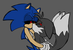 Size: 967x669 | Tagged: safe, artist:ilovetails, artist:insaneaboutthislittlefox, miles "tails" prower, sonic the hedgehog, oc, oc:sonic.exe, oc:tails.exe, 2025, black sclera, bleeding, bleeding from eyes, blood, duo, eyes closed, flat colors, floppy ears, gay, grey background, holding each other, kiss, looking at them, shipping, simple background, sonic x tails, sonic.exe x tails.exe