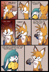 Size: 2048x2987 | Tagged: safe, artist:papagabu, kit the fennec, miles "tails" prower, 2025, alternate outfit, alternate universe, au:metal breakers, comic, dialogue, english text, gay, kitails, prosthetic, shipping