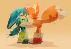 Size: 2048x1433 | Tagged: safe, artist:indigobeatss, artist:tsaikonautz, kit the fennec, miles "tails" prower, 2025, bending over, blushing, cute, duo, eyes closed, frizzed, gay, gradient background, heart, holding hands, kitails, mouth open, shadow (lighting), shipping, smile, standing, tailabetes