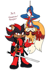 Size: 1484x2048 | Tagged: safe, artist:shadails, miles "tails" prower, shadow the hedgehog, 2024, cosplay, deadpool, duo, ear fluff, eyes closed, gay, holding something, katana, looking at viewer, shadails, shipping, simple background, smile, spiderman, spiderverse, standing, transparent background, upside down, v sign