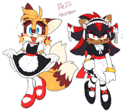 Size: 1786x1566 | Tagged: safe, artist:shadails, miles "tails" prower, shadow the hedgehog, 2024, blushing, duo, femboy, frown, gay, looking at viewer, maid outfit, mouth open, shadails, shipping, simple background, smile, sweatdrop, transparent background