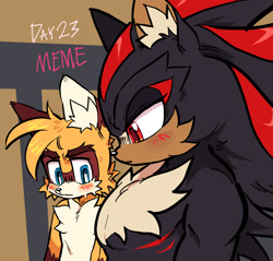 Size: 1766x1685 | Tagged: safe, artist:shadails, miles "tails" prower, shadow the hedgehog, 2024, abstract background, blushing, cute, duo, ear fluff, frown, gay, lidded eyes, looking at them, looking offscreen, shadails, shadowbetes, shipping, top surgery scars, trans male, transgender