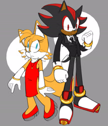 Size: 1772x2071 | Tagged: safe, artist:ilovetails, artist:insaneaboutthislittlefox, miles "tails" prower, shadow the hedgehog, 2025, abstract background, dress, duo, femboy, frown, gay, looking at viewer, shadails, shipping, sketch, standing, suit