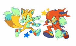 Size: 2048x1252 | Tagged: safe, artist:candyje11yfish, knuckles the echidna, miles "tails" prower, 2025, duo, looking offscreen, signature, simple background, smile, star (symbol), white background