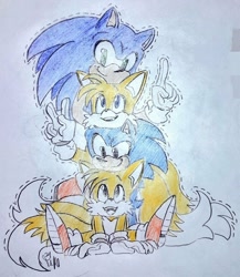 Size: 887x1024 | Tagged: safe, artist:takosa, miles "tails" prower, sonic the hedgehog, 2025, classic sonic, classic tails, cute, group, looking at viewer, self paradox, sitting, smile, sonic generations, traditional media, v sign