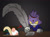 Size: 932x685 | Tagged: safe, artist:rocketrrush, blaze the cat, cat, 2025, :<, family guy, female, frown, gradient background, looking at something, quill, reference inset, solo, table, writing, yellow sclera