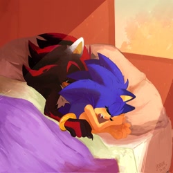 Size: 2048x2048 | Tagged: safe, artist:h0asov, shadow the hedgehog, sonic the hedgehog, 2025, abstract background, bed, blushing, cute, duo, eyes closed, gay, hugging, indoors, mouth open, shadow x sonic, shadowbetes, shipping, snuggling, sonabetes, sĺeeping