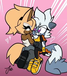 Size: 1821x2048 | Tagged: safe, artist:justowavesco, tangle the lemur, whisper the wolf, 2024, cute, duo, eyes closed, flat colors, heart, holding them, kneeling, lesbian, looking at them, shipping, signature, sitting, smile, tangabetes, tangle x whisper, whispabetes