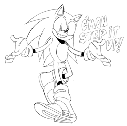 Size: 842x837 | Tagged: safe, artist:animaten_saine, sonic the hedgehog, 2025, dialogue, english text, line art, monochrome, shrugging, simple background, smile, solo, white background