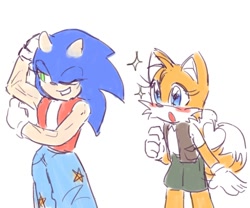 Size: 1200x1000 | Tagged: safe, artist:soguri1110, miles "tails" prower, sonic the hedgehog, 2025, blushing, duo, flexing, gender swap, heart tail, lesbian, looking at them, mouth open, shipping, simple background, sonic x tails, sparkles, standing, white background