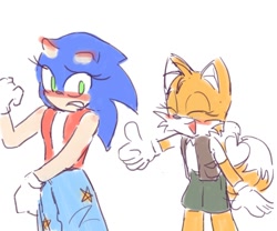 Size: 1200x1000 | Tagged: safe, artist:soguri1110, miles "tails" prower, sonic the hedgehog, 2025, blushing, blushing ears, cute, duo, eyes closed, flexing, gender swap, heart tail, lesbian, looking at them, shipping, simple background, smile, sonic x tails, standing, tailabetes, thumbs up, white background