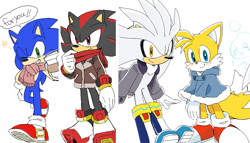 Size: 900x513 | Tagged: safe, artist:pilz_moos, miles "tails" prower, shadow the hedgehog, silver the hedgehog, sonic the hedgehog, 2025, coat, coffee, dialogue, english text, group, holding something, poncho, scarf, simple background, speech bubble, standing, white background, winter outfit