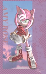 Size: 1275x2048 | Tagged: safe, artist:xxiiasus, amy rose, sonic adventure, 2025, abstract background, character name, lineless, looking at viewer, signature, smile, solo