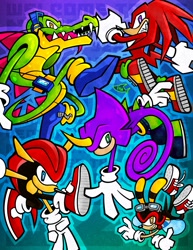 Size: 1159x1500 | Tagged: safe, artist:fishflop_, charmy bee, espio the chameleon, knuckles the echidna, mighty the armadillo, vector the crocodile, knuckles chaotix, 2025, abstract background, group, looking at viewer, outline