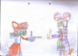 Size: 400x290 | Tagged: safe, artist:thunder-the-mouse, miles "tails" prower, oc, oc:thunder dark the hedgemouse, traditional media