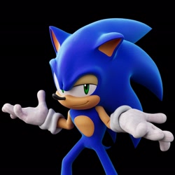 Size: 2048x2048 | Tagged: safe, artist:cyb3d128, sonic the hedgehog, 2025, 3d, black background, looking at viewer, shrugging, simple background, smile, solo, standing