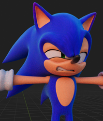 Size: 688x807 | Tagged: safe, artist:cyb3d128, sonic the hedgehog, 2025, 3d, abstract background, arms out, clenched teeth, disgust, faic, looking offscreen, solo