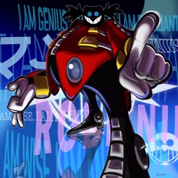 Size: 2048x2048 | Tagged: safe, artist:homar_simpleton, robotnik, human, 2025, abstract background, english text, japanese text, pointing, shadowed face, smile, solo, standing