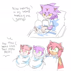 Size: 2048x2048 | Tagged: safe, artist:_bomb_chan_, amy rose, blaze the cat, 2025, amy x blaze, amybetes, baby, dialogue, english text, group, holding them, hospital bed, lesbian, magical lesbian spawn, meme, nine months in my womb, parent:amy, parent:blaze, parents:blazamy, shipping, smile, yellow sclera