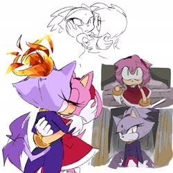 Size: 2048x2048 | Tagged: safe, artist:p1ctur33, amy rose, blaze the cat, amy x blaze, blushing, duo, fire, holding each other, kiss, lesbian, looking at each other, sad, shipping, standing, wagging tail