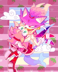 Size: 1269x1586 | Tagged: safe, artist:damnletyuchka, amy rose, blaze the cat, 2025, abstract background, amy x blaze, clouds, duo, heart, holding each other, lesbian, looking up, outline, shipping, strawberry