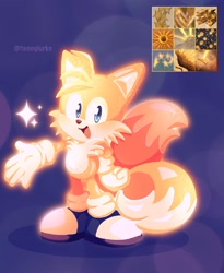 Size: 1660x2026 | Tagged: safe, artist:teenylurks, miles "tails" prower, 2025, abstract background, blue shoes, cute, glowing, looking at viewer, mouth open, reference inset, signature, smile, solo, sparkles, tailabetes