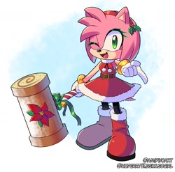 Size: 1731x1710 | Tagged: safe, artist:amipiyoart, amy rose, 2024, abstract background, amybetes, christmas, christmas outfit, cute, holding something, looking at viewer, mistletoe, mouth open, one fang, piko piko hammer, pointing, signature, smile, solo, standing, wink