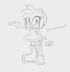 Size: 1040x1076 | Tagged: safe, artist:amipiyoart, amy rose, 2024, amybetes, cute, grey background, hand up, line art, looking at viewer, monochrome, mouth open, signature, simple background, smile, solo, standing