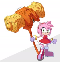 Size: 1791x1874 | Tagged: safe, artist:amipiyoart, amy rose, 2024, abstract background, amybetes, clenched fist, crossover, cute, gaogaigar, holding something, piko piko hammer, signature, smile, solo, standing