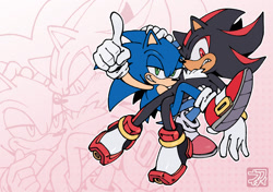 Size: 1240x874 | Tagged: safe, artist:neffiweffi, shadow the hedgehog, sonic the hedgehog, 2025, duo, echo background, frown, gay, holding each other, lidded eyes, pointing, shadow x sonic, shipping, signature, smile, valentine's day