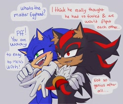 Size: 2048x1746 | Tagged: safe, artist:sashirrbloss, shadow the hedgehog, sonic the hedgehog, 2025, arms folded, dialogue, duo, ear fluff, english text, eyelashes, fangs, gay, grey background, implied robotnik, looking offscreen, mouth open, shadow x sonic, shipping, simple background, smile, speech bubble, standing