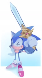 Size: 1110x2048 | Tagged: safe, artist:legochet, sonic the hedgehog, sonic and the black knight, 2025, classic sonic, gradient background, hand on hip, holding something, looking at viewer, solo, sword, wink