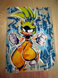 Size: 1536x2048 | Tagged: safe, artist:gigid_sonic, surge the tenrec, 2025, abstract background, clenched fists, electricity, looking at viewer, outline, smile, solo, traditional media