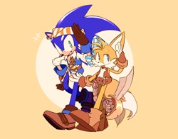 Size: 2048x1606 | Tagged: safe, artist:kuteun0, miles "tails" prower, sails, sonic the hedgehog, 2024, abstract background, duo, pirate outfit, salute, smile, walking