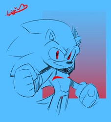 Size: 1347x1485 | Tagged: safe, artist:gigid_sonic, sonic the hedgehog, 2025, abstract background, alternate eye color, clenched fists, line art, looking at viewer, monochrome, red eyes, signature, smile, solo, standing, top surgery scars, trans male, transgender