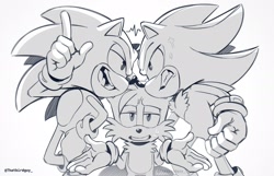 Size: 2048x1317 | Tagged: safe, artist:thatbirdguy_, miles "tails" prower, shadow the hedgehog, sonic the hedgehog, 2025, clenched teeth, cross popping vein, frown, grey background, greyscale, looking at each other, looking at viewer, monochrome, pointing, rivalry, simple background, smile, standing, trio