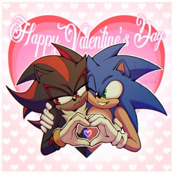 Size: 1640x1643 | Tagged: safe, artist:thyreptile, shadow the hedgehog, sonic the hedgehog, 2025, abstract background, arm around shoulders, blushing, bust, duo, english text, frown, gay, heart, holding each other, lidded eyes, looking at them, looking away, looking offscreen, one eye closed, outline, shadow x sonic, shipping, smile, valentine's day