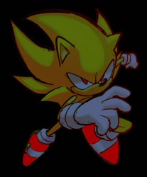 Size: 786x948 | Tagged: safe, artist:meatku_, sonic the hedgehog, super sonic, 2025, black background, flying, looking ahead, looking offscreen, simple background, solo, super form