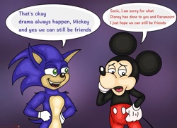 Size: 1125x819 | Tagged: safe, artist:toon-princess, sonic the hedgehog, crossover, dialogue, duo, english text, mickey mouse, speech bubble