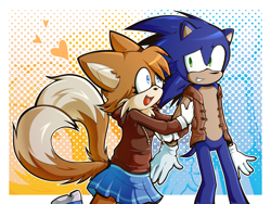 Size: 2547x1911 | Tagged: safe, artist:casiovision, miles "tails" prower, sonic the hedgehog, alternate outfit, alternate universe, au:satam shadow-rewrite, blue eyes, blue fur, brown fur, clothes, duo, gloves, green eyes, heart, heart eyes, hoodie, hugging, hugging arm, jacket, mouth open, shipping, skirt, smile, sonic x tails, trans female, trans girl tails, transgender